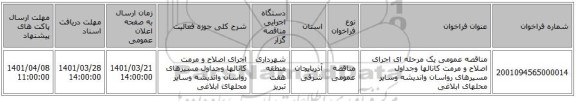 مناقصه، مناقصه عمومی یک مرحله ای  اجرای اصلاح و مرمت کانالها وجداول مسیرهای رواسان واندیشه وسایر محلهای ابلاغی