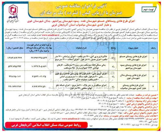 مناقصه عمومی اجرای طرح هادی روستاهای ...- نوبت دوم 