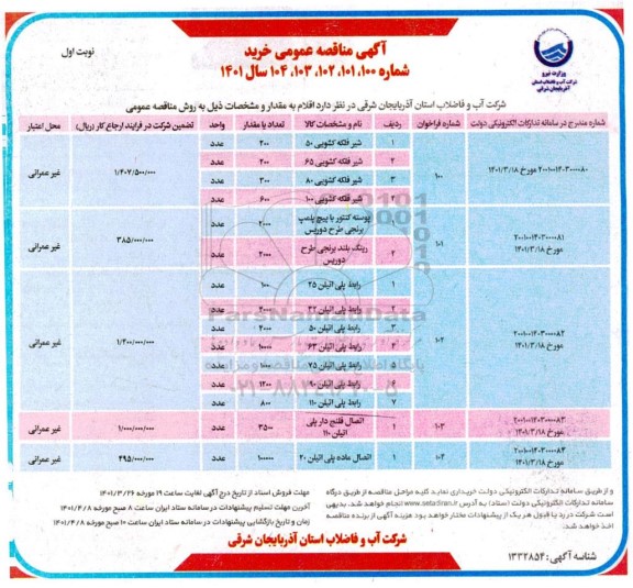 مناقصه شیر فلکه کشویی 50 و...