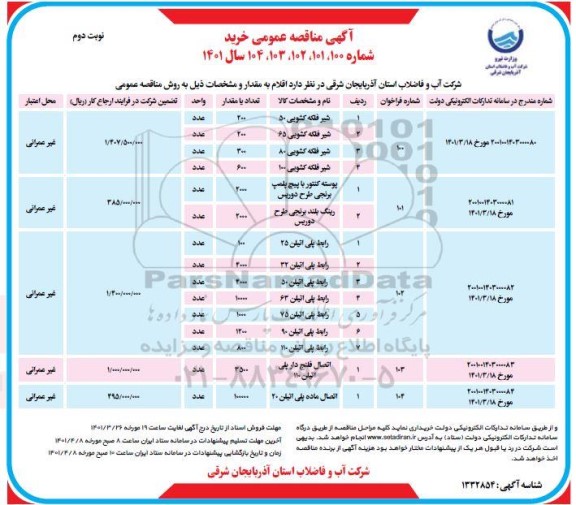 مناقصه شیر فلکه کشویی 50 و...- نوبت دوم 