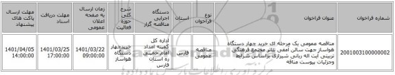 مناقصه، مناقصه عمومی یک مرحله ای خرید چهار دستگاه هواساز جهت سالن آمفی تئاتر مجتمع فرهنگی تربیتی آیت اله ربانی شیرازی براساس شرایط وجزئیات پیوست مناقه