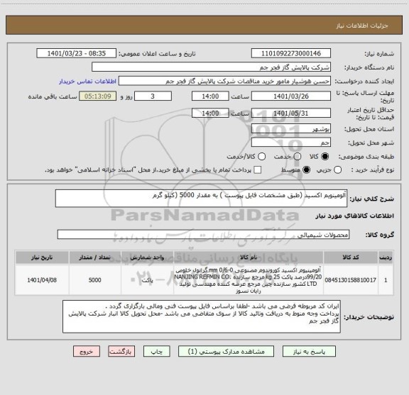 استعلام آلومینویم اکسید (طبق مشخصات فایل پیوست ) به مقدار 5000 (کیلو گرم