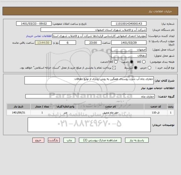 استعلام حفاری چاه آب شرب روستای همگین به روش روتاری از توابع دهاقان