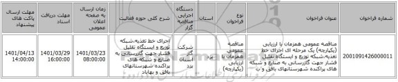 مناقصه، مناقصه عمومی همزمان با ارزیابی (یکپارچه) یک مرحله ای اجرای خط تغذیه،شبکه توزیع و ایستگاه تقلیل فشار جهت گازرسانی به صنایع و شبکه های پراکنده شهرستانهای بافق و ب