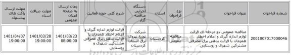 مناقصه، مناقصه عمومی دو مرحله ای قرائت لوازم اندازه گیری و اعلام اخطار همزمان با قرائت بدهی برق مصرفی مشترکین شهری و روستایی