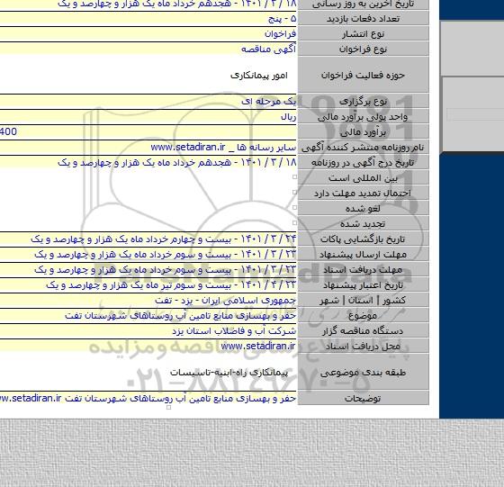 مناقصه, حفر و بهسازی منابع تامین آب روستاهای شهرستان تفت