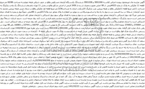 آگهی مزایده ششدانگ یکدستگاه آپارتمان مسکونی واقع در جنوب شرقی طبقه چهارم به مساحت 65/88 متر مربع قطعه 11 تفکیکی 