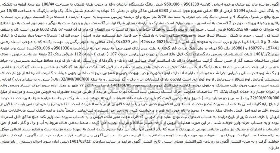 آگهی مزایده شش دانگ یکدستگاه آپارتمان واقع در جنوب طبقه همکف به مساحت 100/40 متر مربع