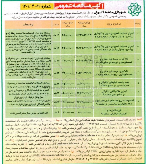 مناقصه اجرای عملیات تعمیر، بهسازی و نگهداری پیاده رو، جداول و انهار ...