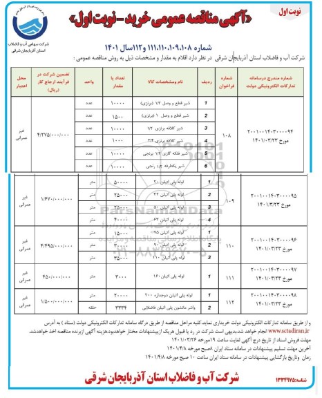 مناقصه عمومی خرید شیر قطع و وصل 1/3 (برنزی) ...