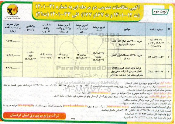 مناقصه خرید 34000 متر انواع کابل فشار ضعیف ....- نوبت دوم 