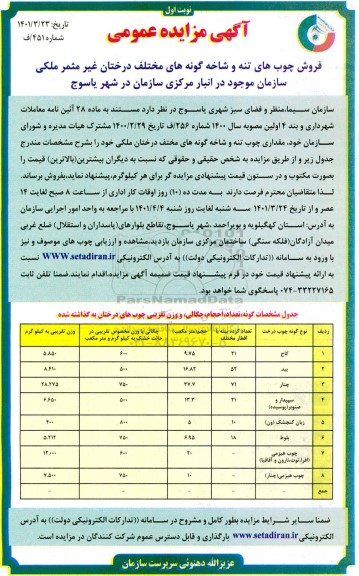 مزایده فروش چوب های تنه و شاخه گونه های مختلف درختان غایر مثمر ملکی سازمان موجود در انبار مرکزی....