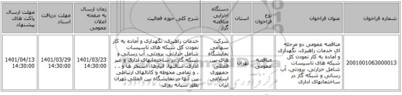 مناقصه، مناقصه عمومی دو مرحله ای خدمات راهبری، نگهداری و آماده به کار نمودن کل شبکه های تاسیسات شامل حرارتی،  برودتی، آب رسانی و شبکه گاز در ساختمانهای اداری