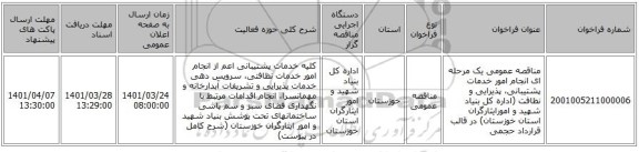 مناقصه، مناقصه عمومی یک مرحله ای انجام امور خدمات پشتیبانی، پذیرایی و نظافت (اداره کل بنیاد شهید و امورایثارگران استان خوزستان) در قالب قرارداد حجمی