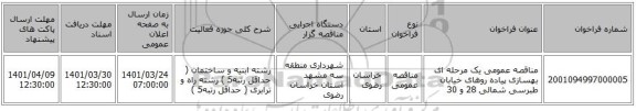 مناقصه، مناقصه عمومی یک مرحله ای بهسازی پیاده روهای خیابان طبرسی شمالی 28 و 30