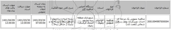 مناقصه، مناقصه عمومی یک مرحله ای احداث دوربرگردان بولوار رسالت شمالی (همت آباد)