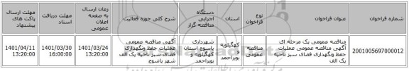 مناقصه، مناقصه عمومی یک مرحله ای آگهی مناقصه عمومی عملیات حفظ ونگهداری فضای سبز ناحیه یک الف