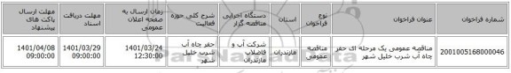 مناقصه، مناقصه عمومی یک مرحله ای حفر چاه آب شرب خلیل شهر