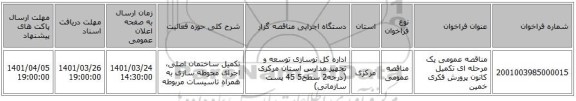 مناقصه، مناقصه عمومی یک مرحله ای تکمیل کانون پرورش فکری خمین