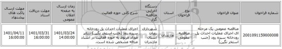 مناقصه، مناقصه عمومی یک مرحله ای اجرای عملیات احداث پل رودخانه سبزه رود (جنب استخر نگین)