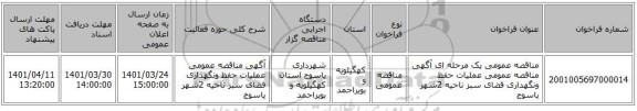 مناقصه، مناقصه عمومی یک مرحله ای آگهی مناقصه عمومی عملیات حفظ ونگهداری فضای سبز ناحیه 2شهر یاسوج