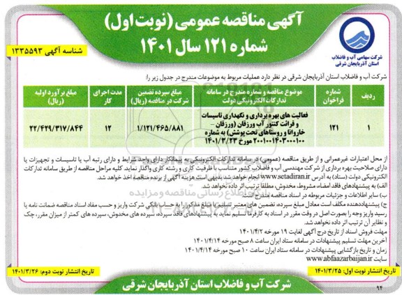 مناقصه عمومی فعالیت های بهره برداری و نگهداری تاسیسات و قرائت کنتور آب ورزقان 