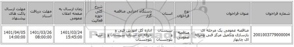 مناقصه، مناقصه عمومی یک مرحله ای بازسازی وتکمیل مرکز فنی وحرفه ای چابهار