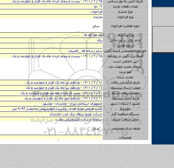 مزایده, تجدید فروش انواع هادی روکشدار آلومینیومی به مقدار ۹۰۹۴ متر