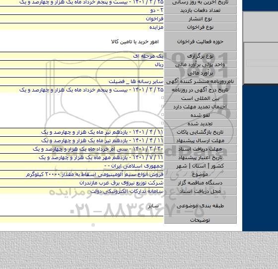 مزایده, فروش انواع سیم آلومینیومی  اسقاط به مقدار ۲۰۰۰۰ کیلوگرم