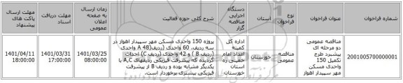 مناقصه، مناقصه عمومی دو مرحله ای پیشبرد طرح تکمیل 150 واحدی مسکن مهر سپیدار اهواز