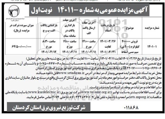 مزایده فروش 200000 کیلوگرم (200 تن ) سیم مسی اسقاط