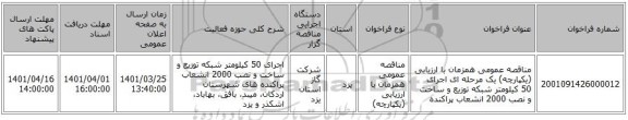 مناقصه، مناقصه عمومی همزمان با ارزیابی (یکپارچه) یک مرحله ای اجرای 50 کیلومتر شبکه توزیع و ساخت و نصب 2000 انشعاب پراکنده