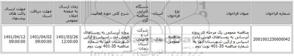 مناقصه، مناقصه عمومی یک مرحله ای پروژه آبرسانی به روستاهای فونش آباد ، اسپاس و ارکین شهرستان ابهر به شماره مناقصه 35-401 نوبت دوم