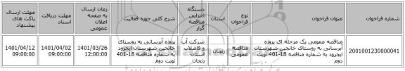 مناقصه، مناقصه عمومی یک مرحله ای پروژه آبرسانی به روستای خانجین شهرستان ایجرود به شماره مناقصه 18-401 نوبت دوم