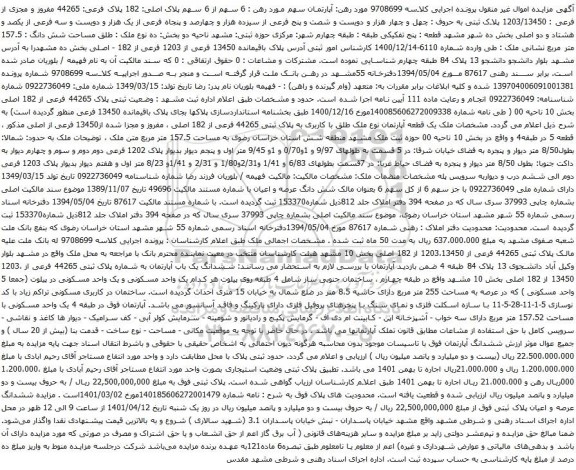 آگهی مزایده آپارتمان سهم مورد رهن : 6 سهم از 6 سهم پلاک اصلی: 182 پلاک فرعی: 44265 مفروز