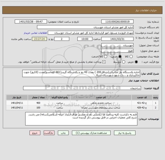 استعلام اجاره یکدستگاه بیل مکانیکی(حداقل200 ) بمدت 40 روز و یکدستگاه گریدر(661 کوماتسو)بمدت (10روز) جهت خاکبرداری و ...باغ شهو شهرستان اندیکا