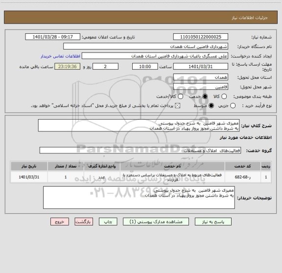 استعلام ممیزی شهر فامنین  به شرح جدول پیوستی 
به شرط داشتن مجوز پرواز پهباد در استان همدان