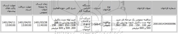 مناقصه، مناقصه عمومی یک مرحله ای خرید لوله چدن داکتیل تایتون پوشش دار قطر  100 ، 150 ، 200 ، 250 ، 300، 500  و 600 میلیمتر