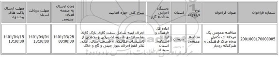 مناقصه، مناقصه عمومی یک مرحله ای تکمیل پروژه مرکز فرهنگی و هنرکلاته رودبار