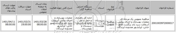 مناقصه، مناقصه عمومی یک مرحله ای عملیات بهسازی و اجرای روکش آسفالت سرد باند برگشت محور خاش- ایرانشهر محدوده ایرندگان