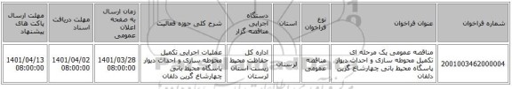 مناقصه، مناقصه عمومی یک مرحله ای تکمیل محوطه سازی و احداث دیوار پاسگاه محیط بانی چهارشاخ گرین دلفان