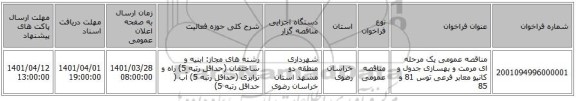 مناقصه، مناقصه عمومی یک مرحله ای  مرمت و بهسازی جدول و کانیو معابر فرعی توس 81 و 85