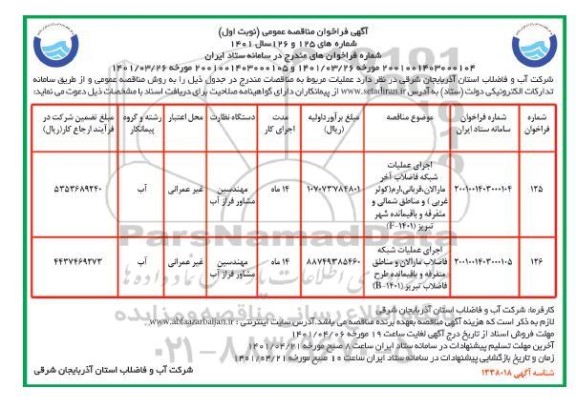 مناقصه اجرای عملیات شبکه فاضلاب... 