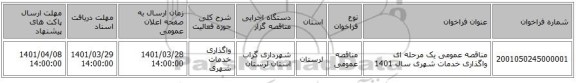 مناقصه، مناقصه عمومی یک مرحله ای واگذاری خدمات شهری سال 1401