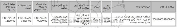 مناقصه، مناقصه عمومی یک مرحله ای خرید تجهیزات اداری (میز و صندلی و...)به شرح لیست پیوست