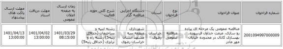 مناقصه، مناقصه عمومی یک مرحله ای پیاده رو سازی، مرمت جداول فرسوده، بهسازی کانال در محدوده خیابان مهر مادر