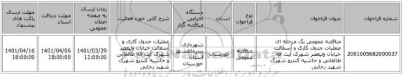 مناقصه، مناقصه عمومی یک مرحله ای عملیات جدول کاری و آسفالت خیابان ولیعصر شهرک آیت اله طالقانی و حاشیه کندرو شهرک شهید رجایی