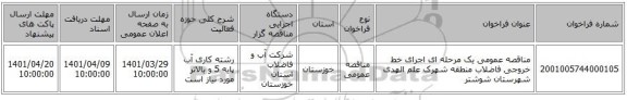 مناقصه، مناقصه عمومی یک مرحله ای اجرای خط خروجی فاضلاب منطقه شهرک علم الهدی شهرستان شوشتر