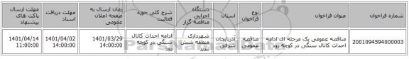 مناقصه، مناقصه عمومی یک مرحله ای ادامه احداث کانال سنگی در کوچه رود