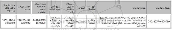 مناقصه، مناقصه عمومی یک مرحله ای اصلاح شبکه توزیع آب و انشعابات بخشی از منطقه شوشتر قدیم ( محدوده خیابان سادات ، امام شرقی و خیابان طالقانی)